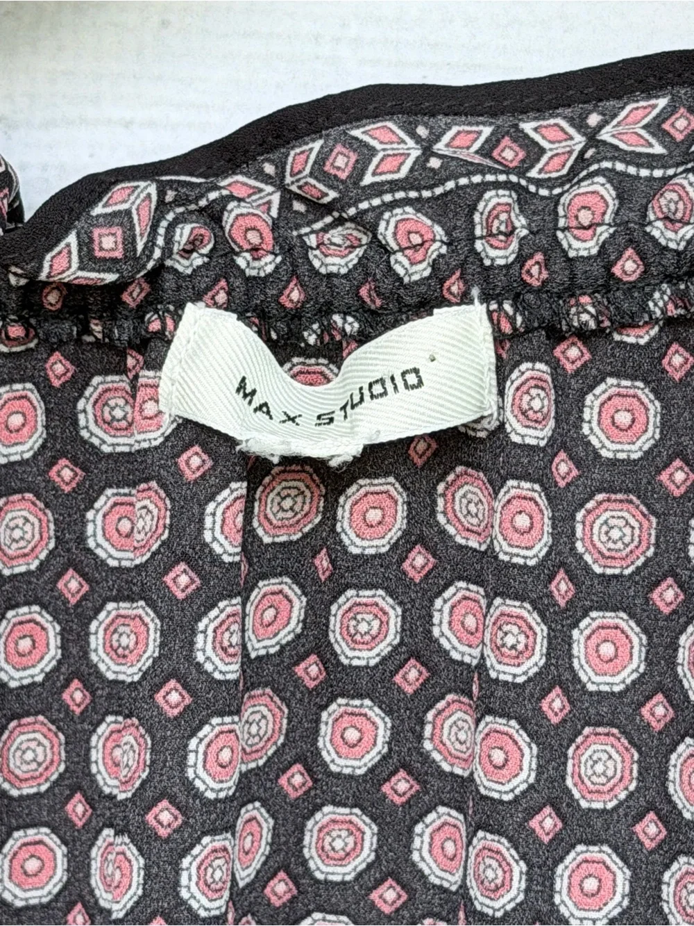 Max Studio Black Blouse with Pink Dot Print and V-Neck